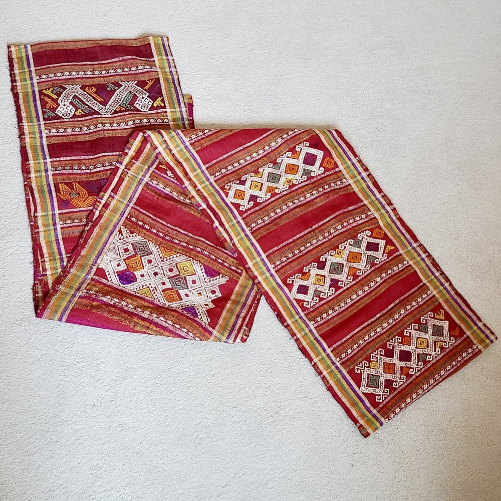 Vtg Thai Red Textile Tribal Woven Silk Cotton Wall Hanging Runner 7 yds 13" wide